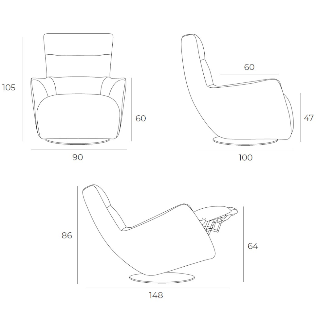 Schéma des dimensions du fauteuil DUNE avec fonction relax de Vilmers