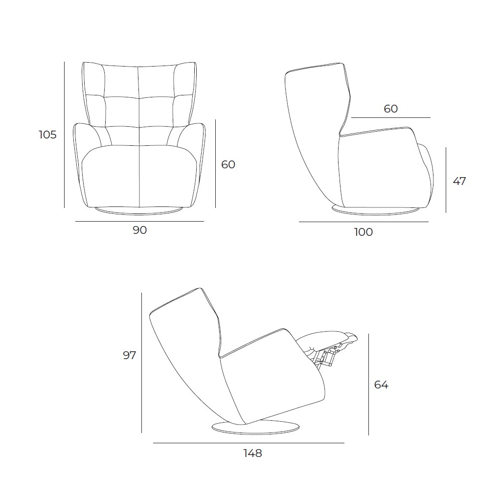 Schéma des dimensions du fauteuil OASIS avec fonction relax de Vilmers